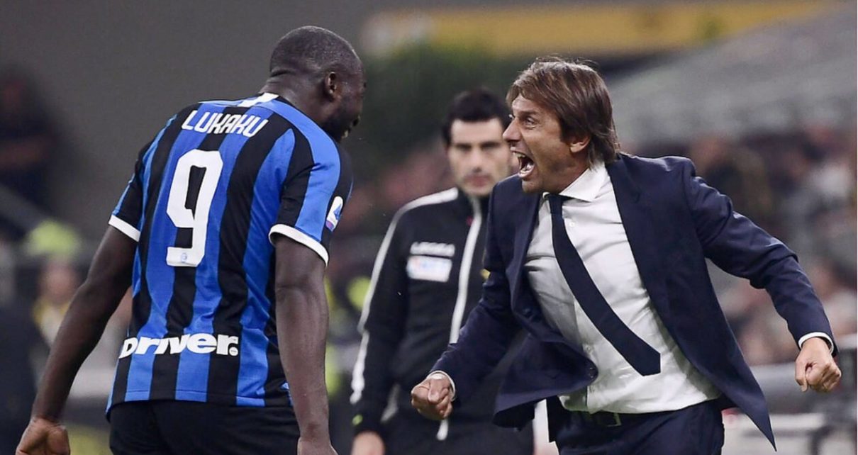 Antonio Conte and Romelu Lukaku enjoy the moment after the Belgian scored the second goal in Inter’s 2-0 win over Milan at San Siro.