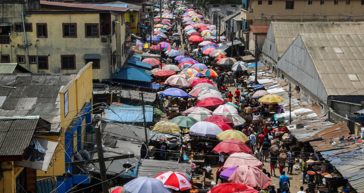 A general view of a food market in Lagos after Nigeria's President Muhammadu Buhari called for a lockdown starting tonight to limit the spread of coronavirus disease (COVID-19), March 30, 2020.