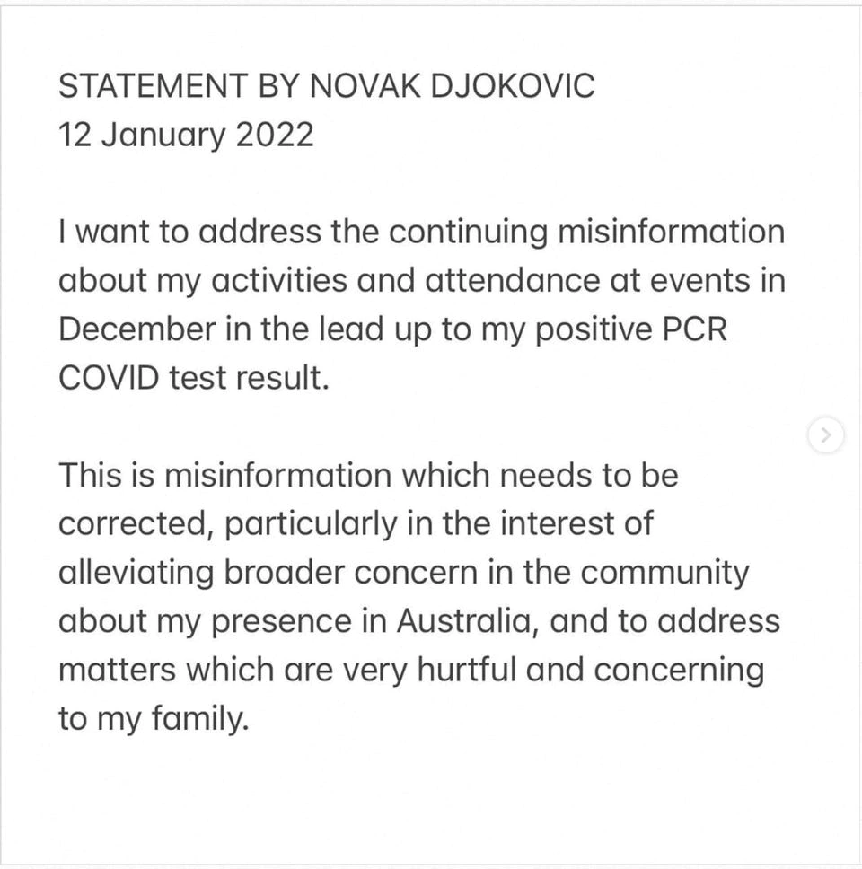 STATEMENT BY NOVAK DJOKOVIC